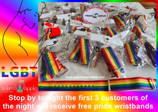 Pride wristbands - Adam’s Apple Club Chiang Mai. Stop by tonight the first 3 customers of the night will receive free pride wristbands