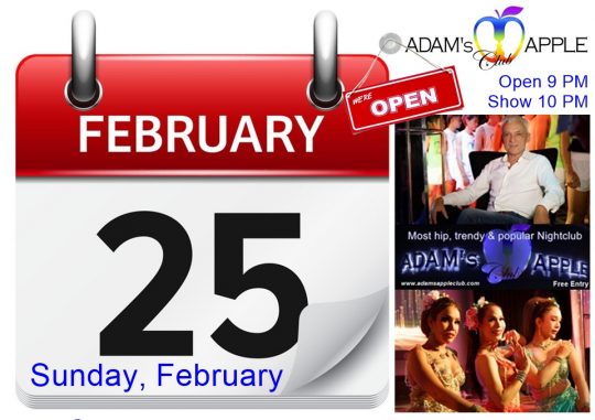 Open Sunday 25th Adam’s Apple Club Chiang Mai every Night 9:00 PM and the Show START 10:00 PM. FREE ENTRY!