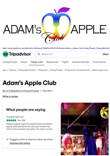 Tripadvisor … World's Largest Travel Site Adams Apple Club Chiang Mai. We would be very happy to receive a review from you.