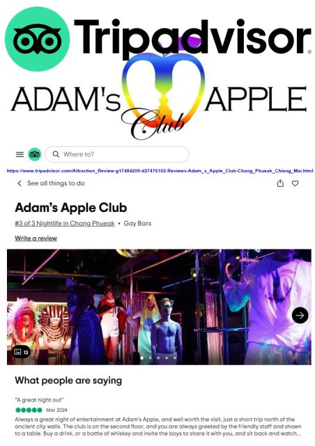 Tripadvisor … World's Largest Travel Site Adams Apple Club Chiang Mai. We would be very happy to receive a review from you.