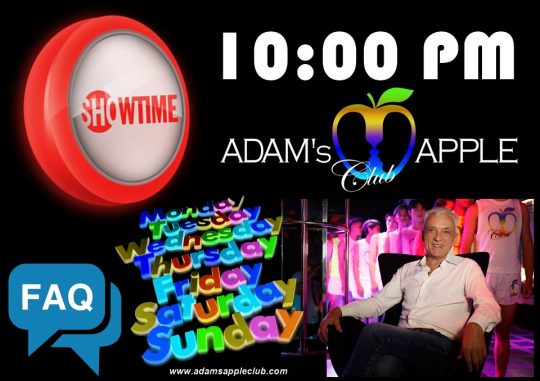 Showtime Adams Apple Club Chiang Mai Gay Bar Thailand. Our show starts every evening of the week at 10pm and everyone is very welcome!